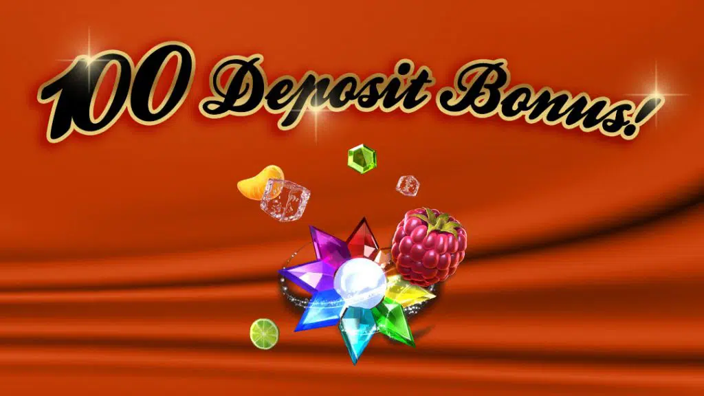 Illustration of a 100% casino deposit bonus with slot-style symbols
