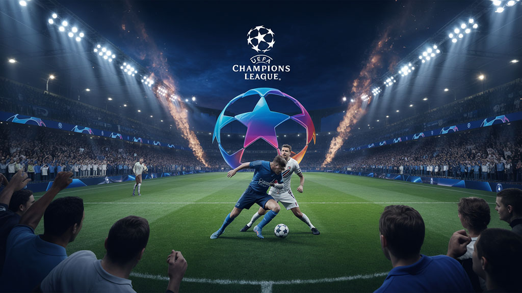 Champions League football match under stadium lights