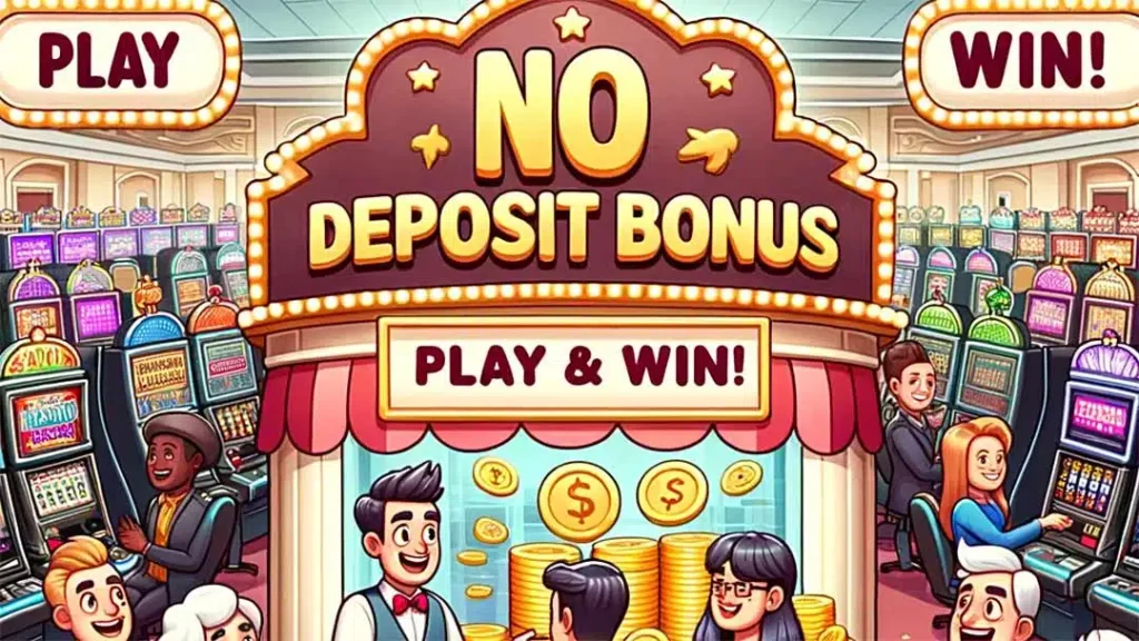 Illustration of a no deposit casino bonus with players, slot machines and gold coins.