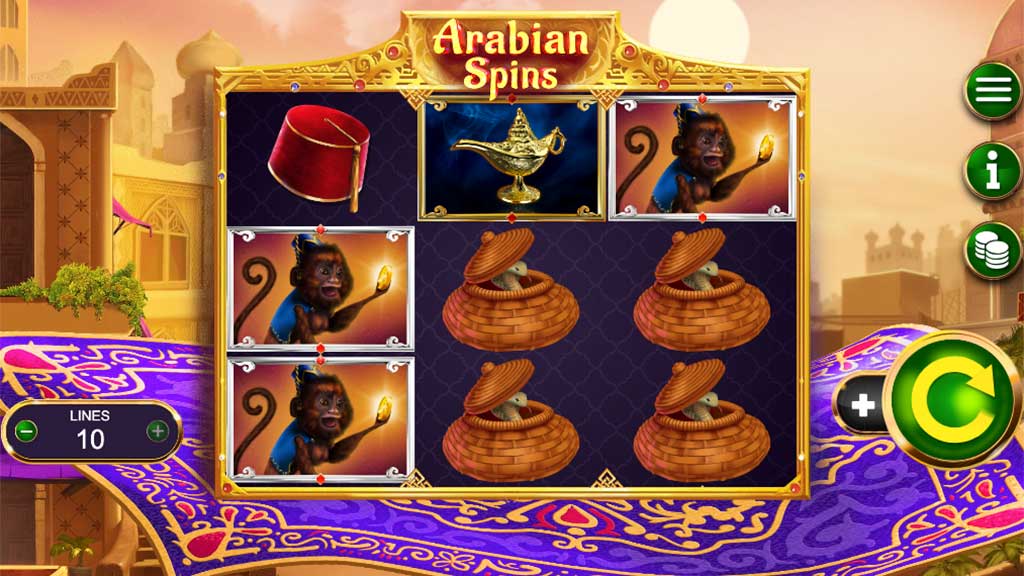 Screenshot of Arabian Spins slot machine with 3 reels, showing monkeys, magic lamp, and basket symbols on the game board.