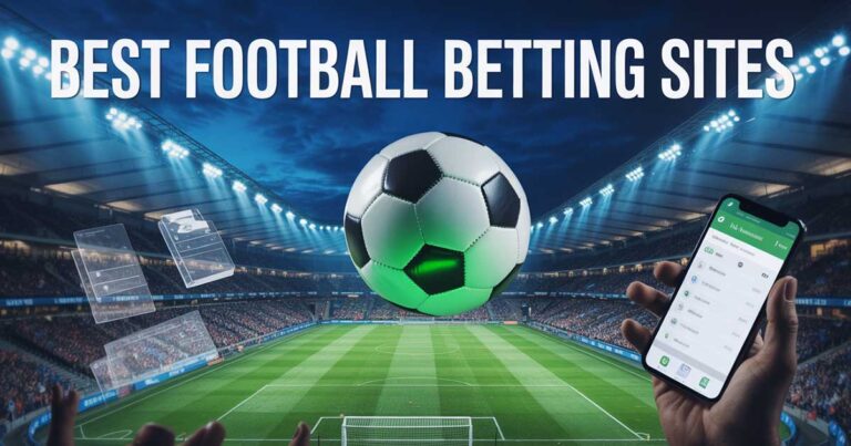Best Football Betting Sites hero image showing a football stadium at night with betting icons and glowing ball
