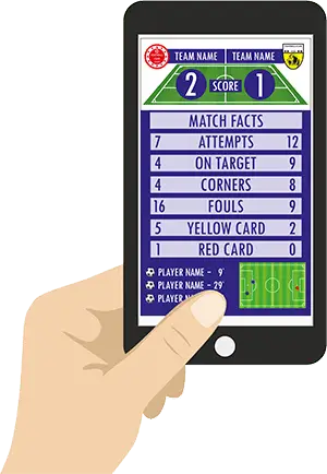 Hand holding a smartphone displaying live football betting stats and match score.