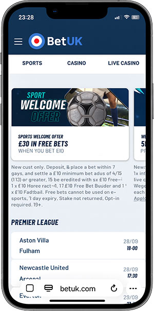 Archived 2025 mobile screenshot of BetUK showing a previous £30 sports welcome offer and Premier League betting odds.