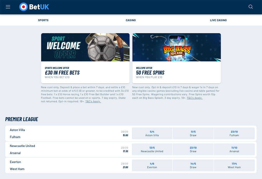 Archived 2025 screenshot of BetUK’s desktop site showing a previous £30 sports welcome offer and Premier League betting odds.