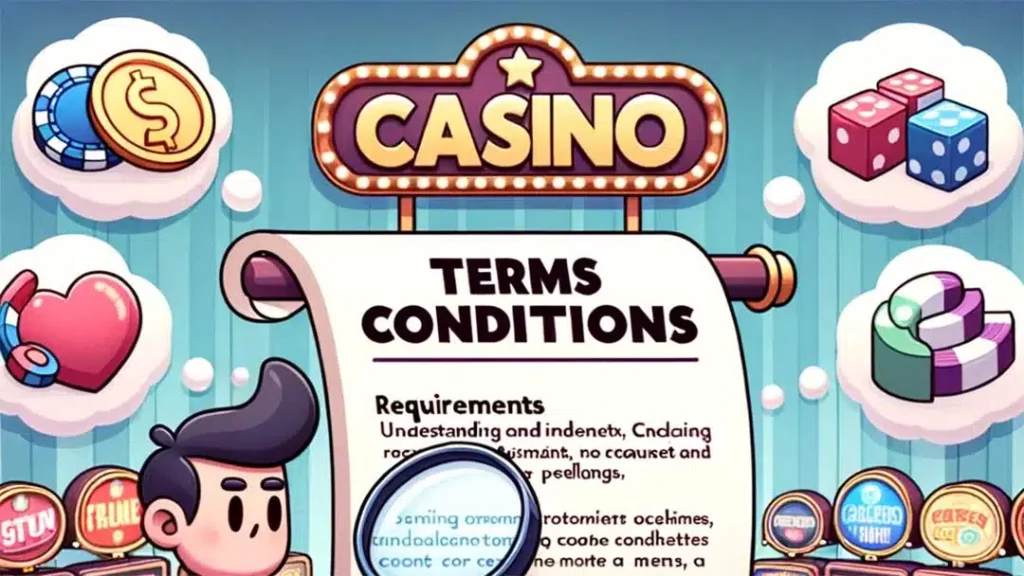 Casino terms and conditions illustration highlighting wagering requirements and rules for UK online casinos.