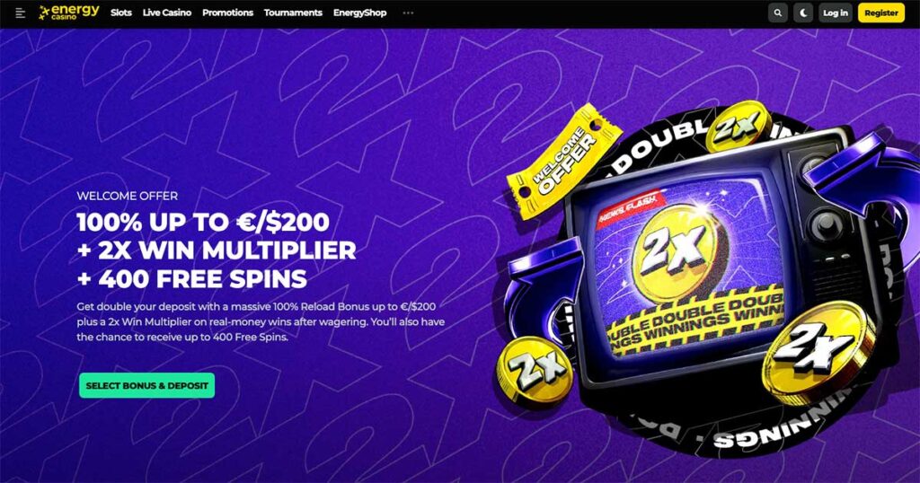 EnergyCasino welcome offer showing 100% bonus up to €/$200, 2X win multiplier, and 400 free spins promotion on a purple background with gold coins and a TV screen graphic.