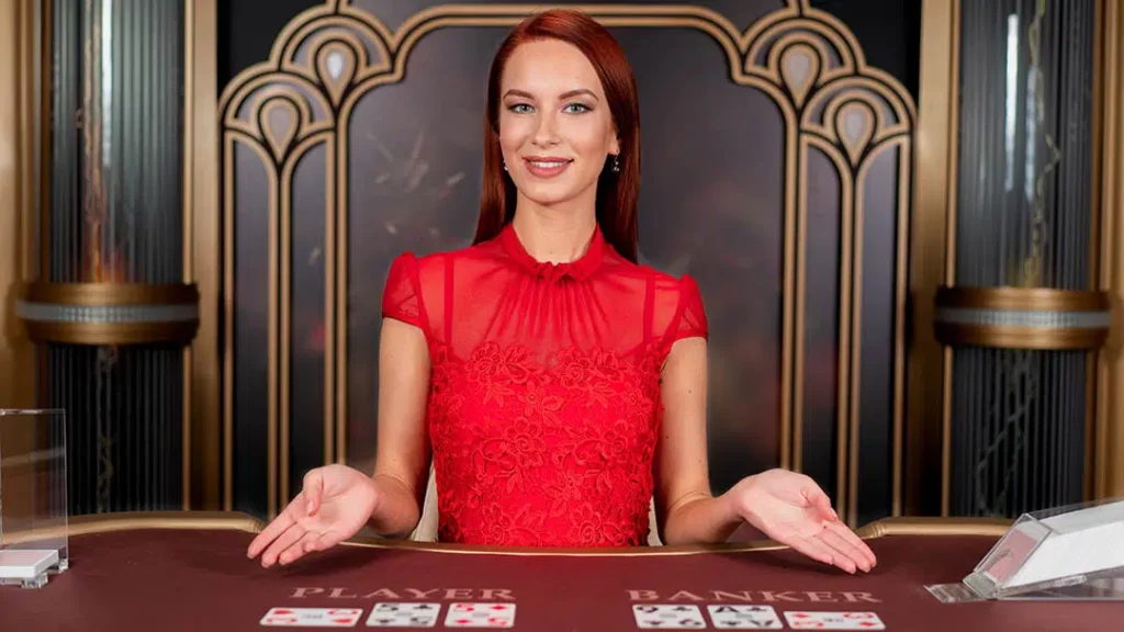 Lightning Baccarat dealer from Evolution Gaming at live casino table with cards displayed.