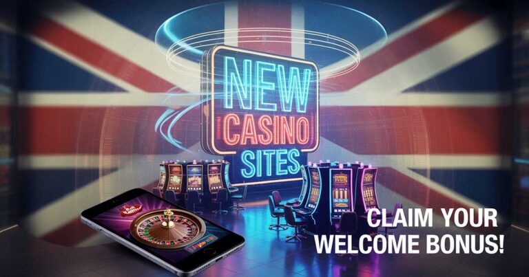 New online casinos UK featuring modern slot machines, roulette tables, and digital welcome bonus offers with mobile gaming icons.