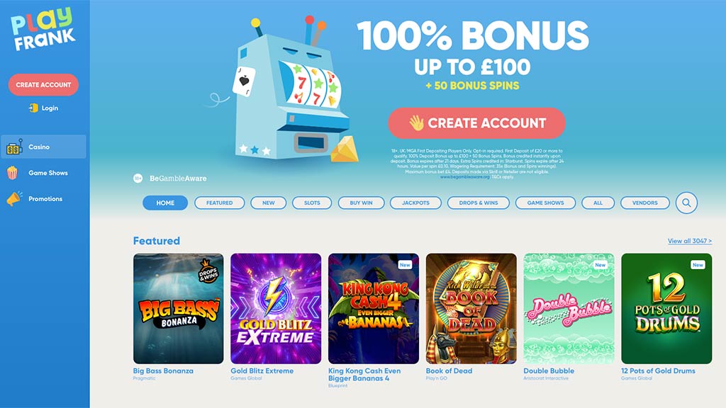 PlayFrank Casino homepage with welcome offer of 100% up to £100 and 50 bonus spins, featuring bright blue interface and slot previews.