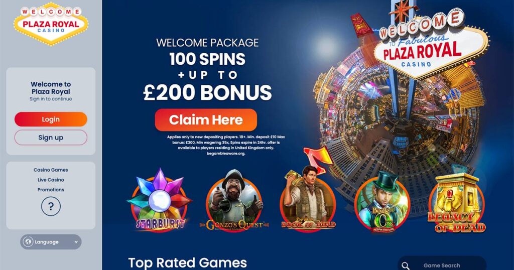 Plaza Royal Casino welcome bonus screen showing £200 bonus and 100 free spins offer with Starburst, Gonzo’s Quest, Book of Dead, and Legacy of Dead slot icons.