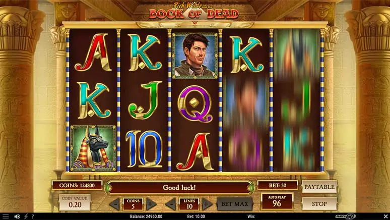 Screenshot of Book of Dead slot game by Play’n GO, showing reels with Rich Wilde and Egyptian symbols.