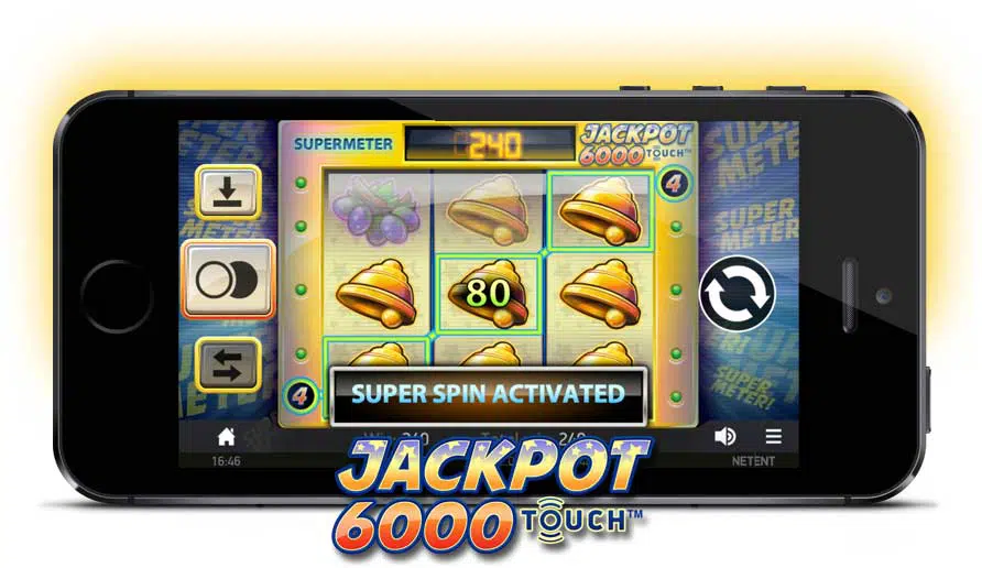 Jackpot 6000 Touch slot game by NetEnt displayed on a mobile screen with super spin activated.