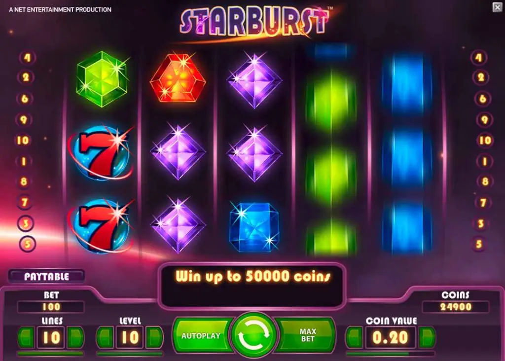 Starburst slot game by NetEnt showing colourful gem symbols on the reels.