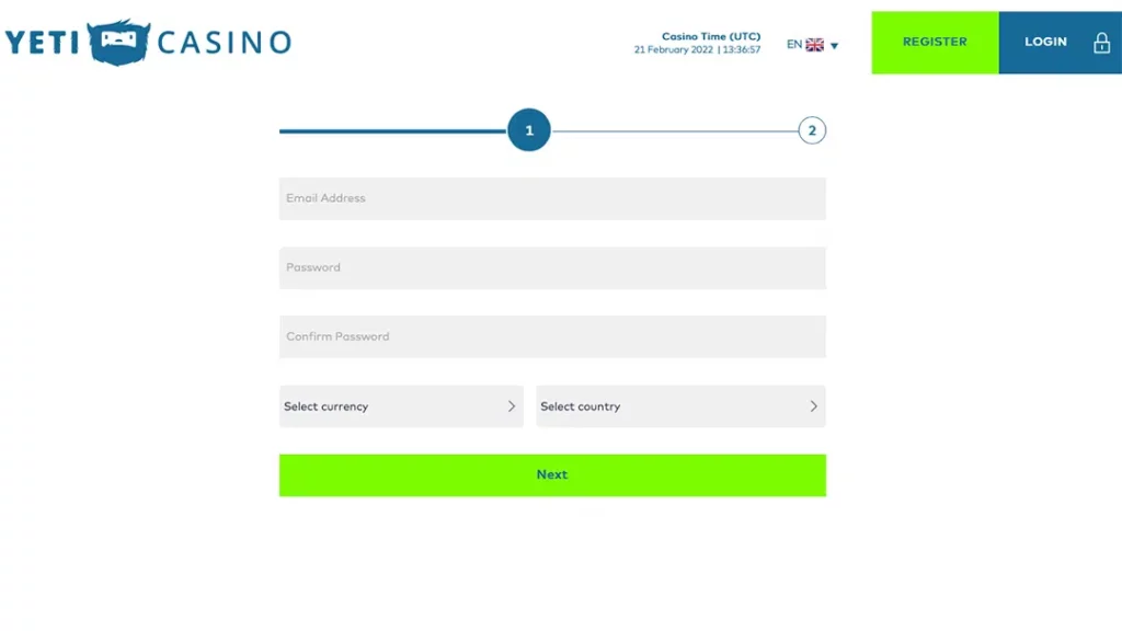 Yeti Casino registration form showing a two-step sign-up process with fields for email, password, currency, and country selection.