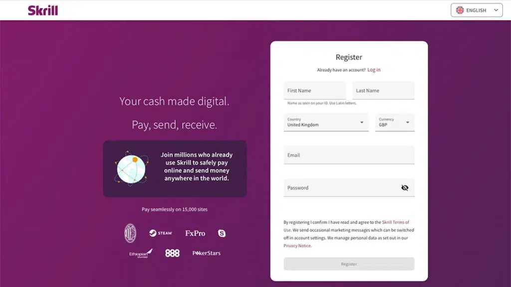 Skrill registration page showing the account sign-up form
