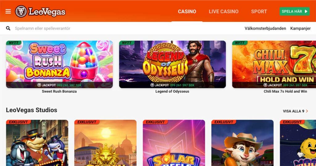 LeoVegas Casino hemsida med populära spel som Sweet Rush Bonanza, Legend of Odysseus och Chili Max 7s Hold and Win, samt menyer för Casino, Live Casino och Sport.