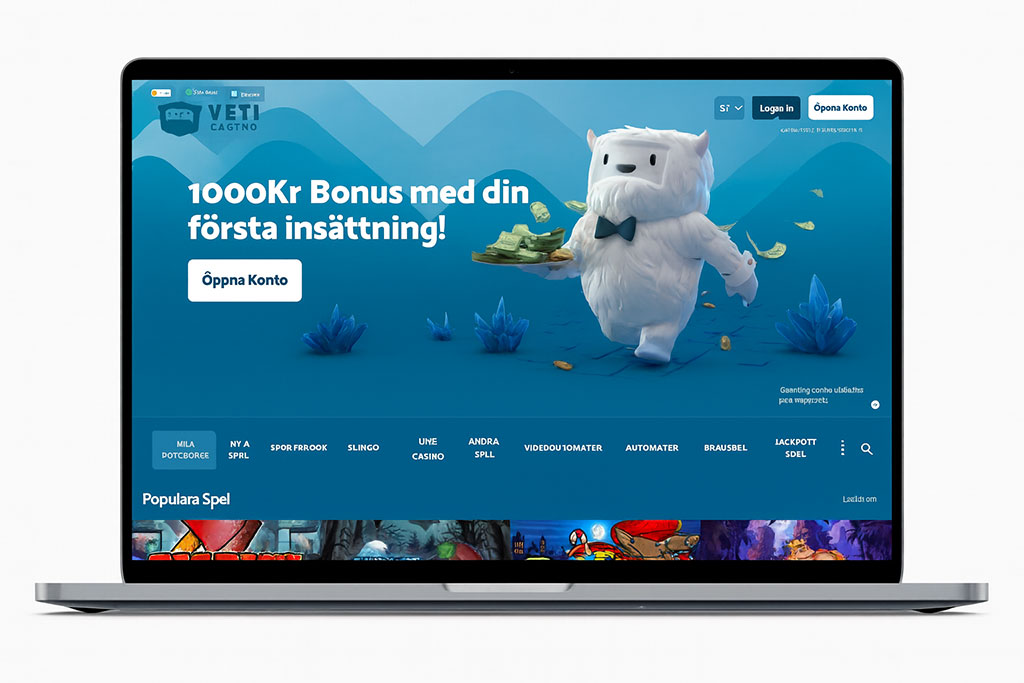 Bärbar dator som visar Yeti Casinos startsida med välkomstbonus på 1000 kr och den vita Yeti-maskoten i blå bakgrund.