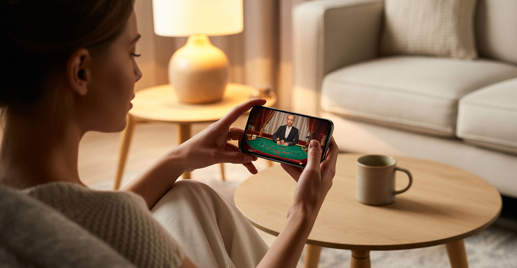 Person som spelar live casino hemma på sin telefon med riktig dealer på skärmen.