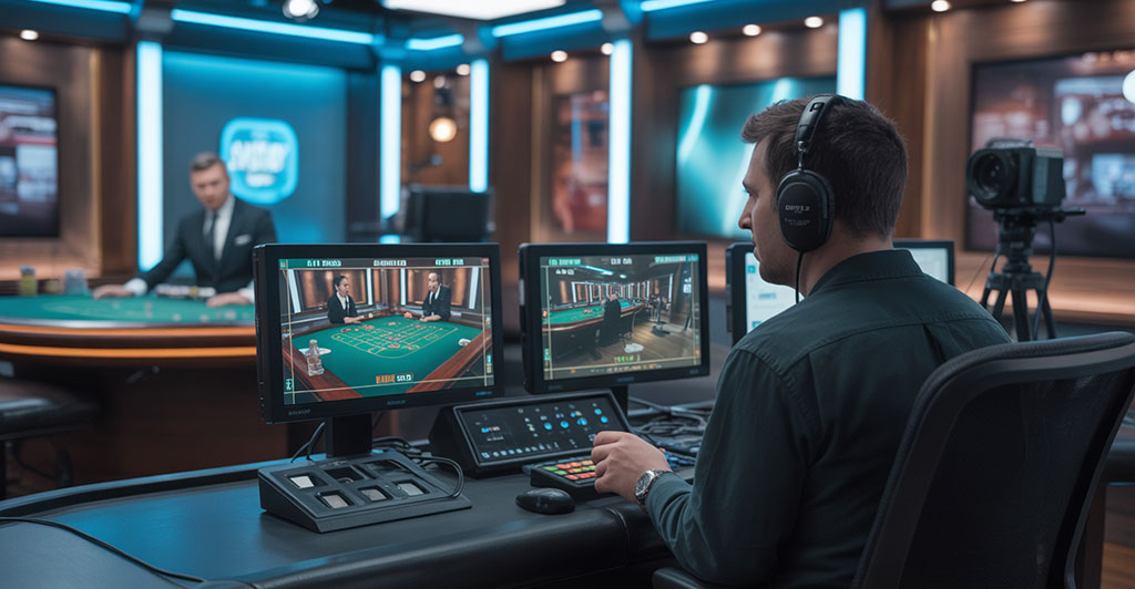 Kameror och teknisk utrustning i en professionell live casino-studio.