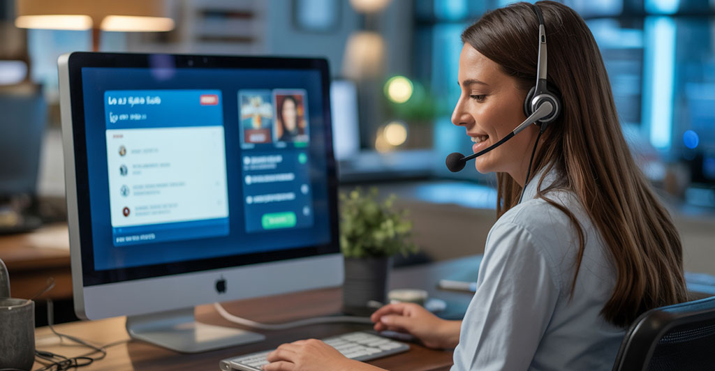 Supportagent med headset som hanterar live chatt för casinospelare.