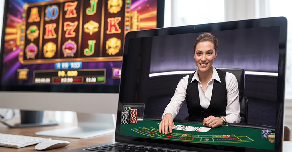Split screen med slotspel till vänster och live dealer till höger.