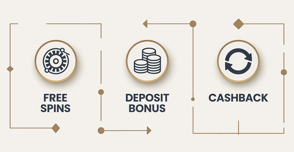 Infografisk bild som visar olika typer av casino bonusar – insättningsbonus, cashback och free spins utan omsättningskrav.