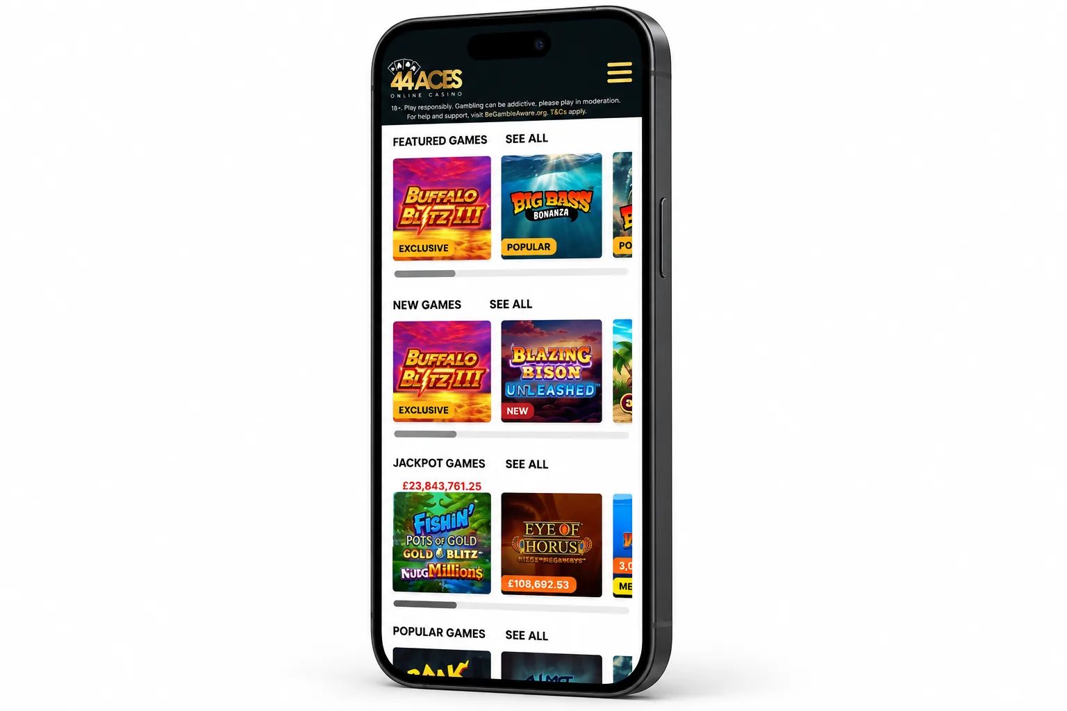 44Aces mobile casino game rows displayed in a phone frame