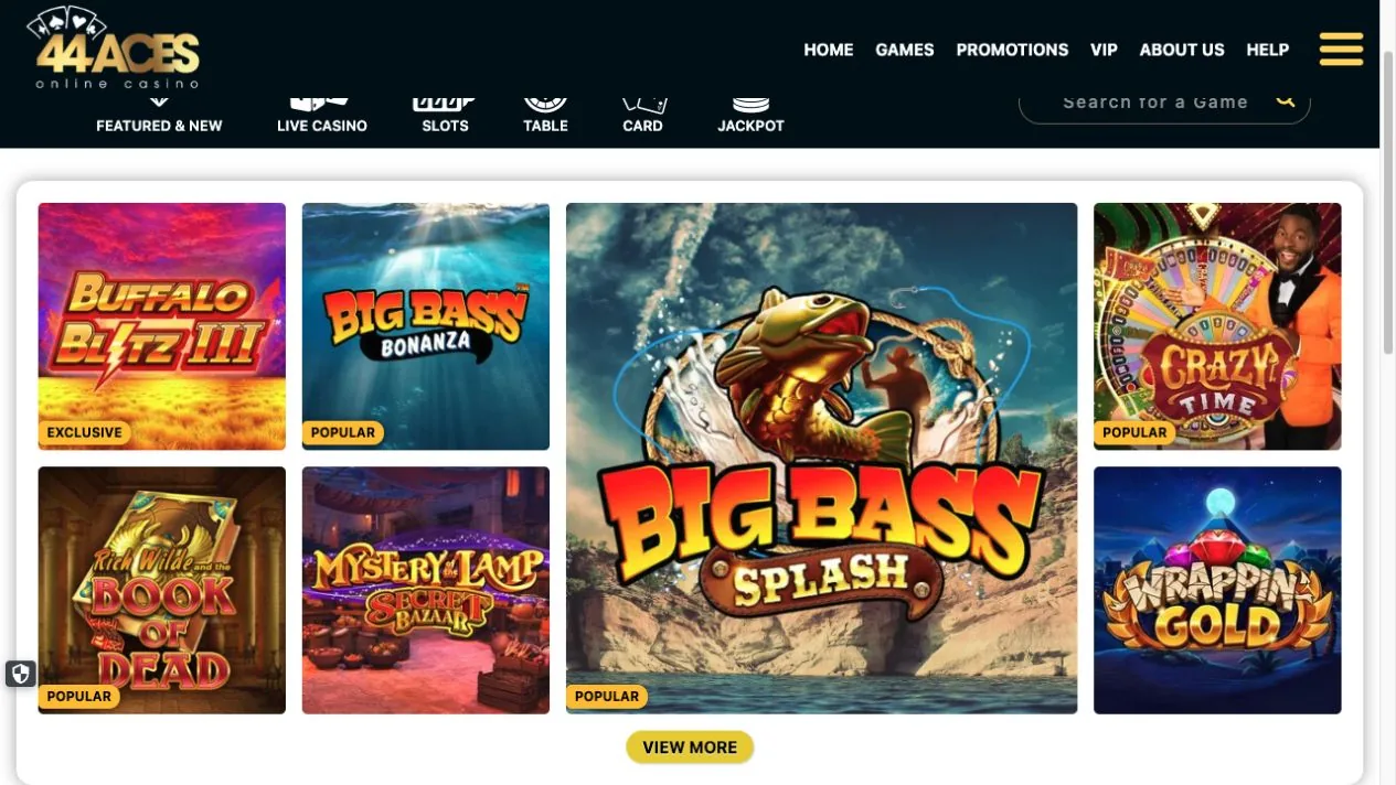 44Aces casino lobby with featured slot games