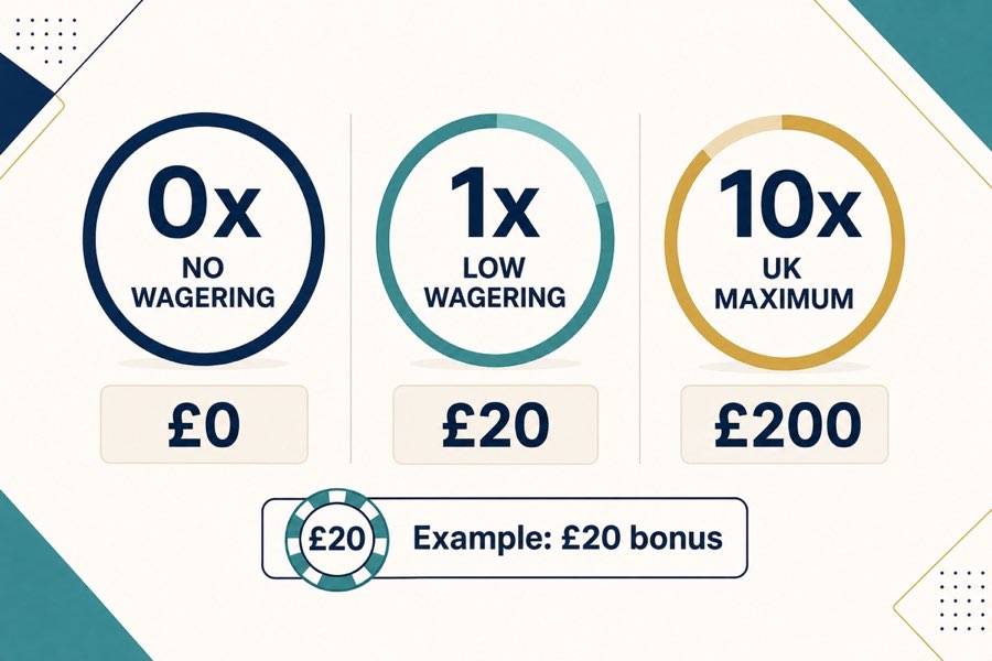 Comparison of 0x, 1x and 10x casino wagering requirements