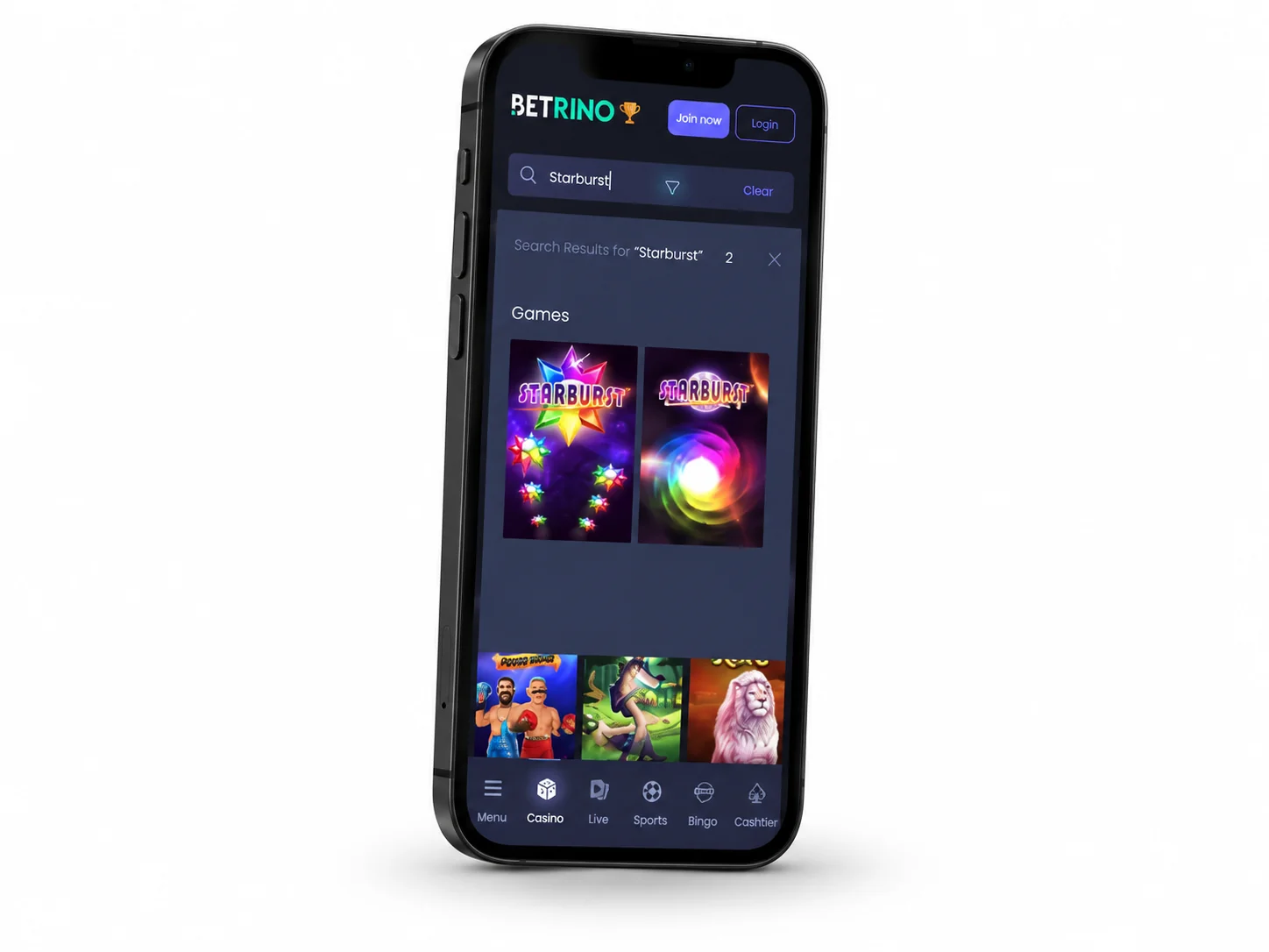 Betrino Casino mobile search showing Starburst results