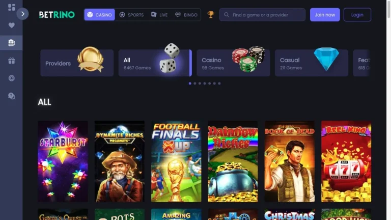 Betrino Casino UK games lobby with Starburst, Rainbow Riches and Book of Dead
