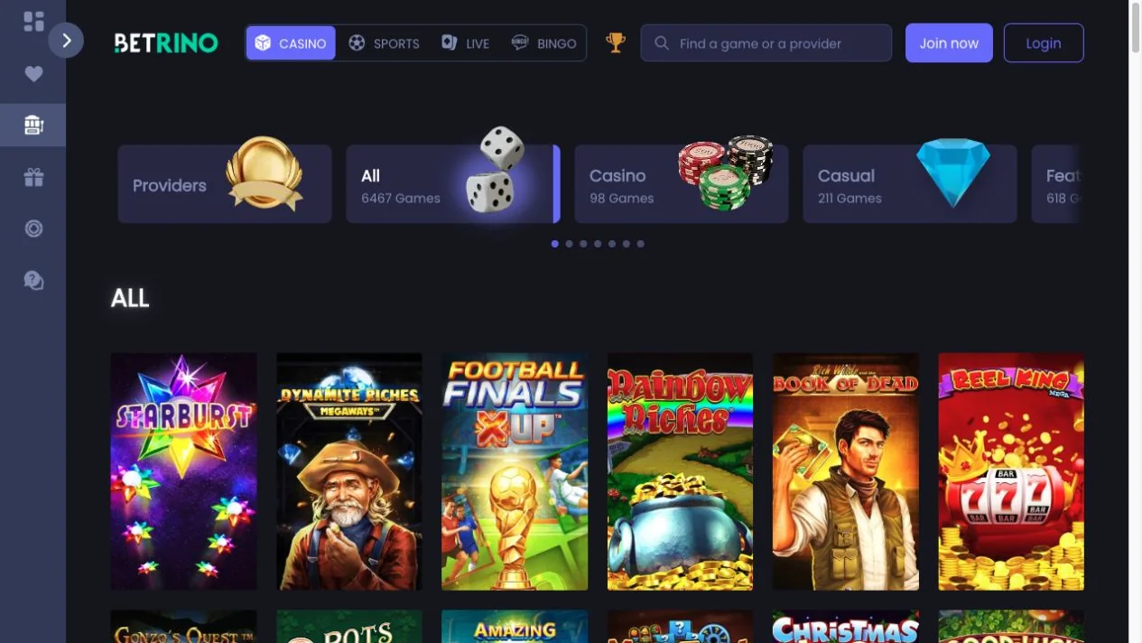 Betrino Casino UK games lobby with Starburst, Rainbow Riches and Book of Dead