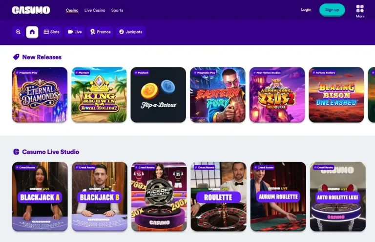 Casumo UK lobby showing new slot releases and Creed Roomz live casino tables
