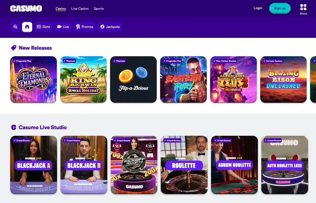 Casumo UK lobby showing new slot releases and Creed Roomz live casino tables