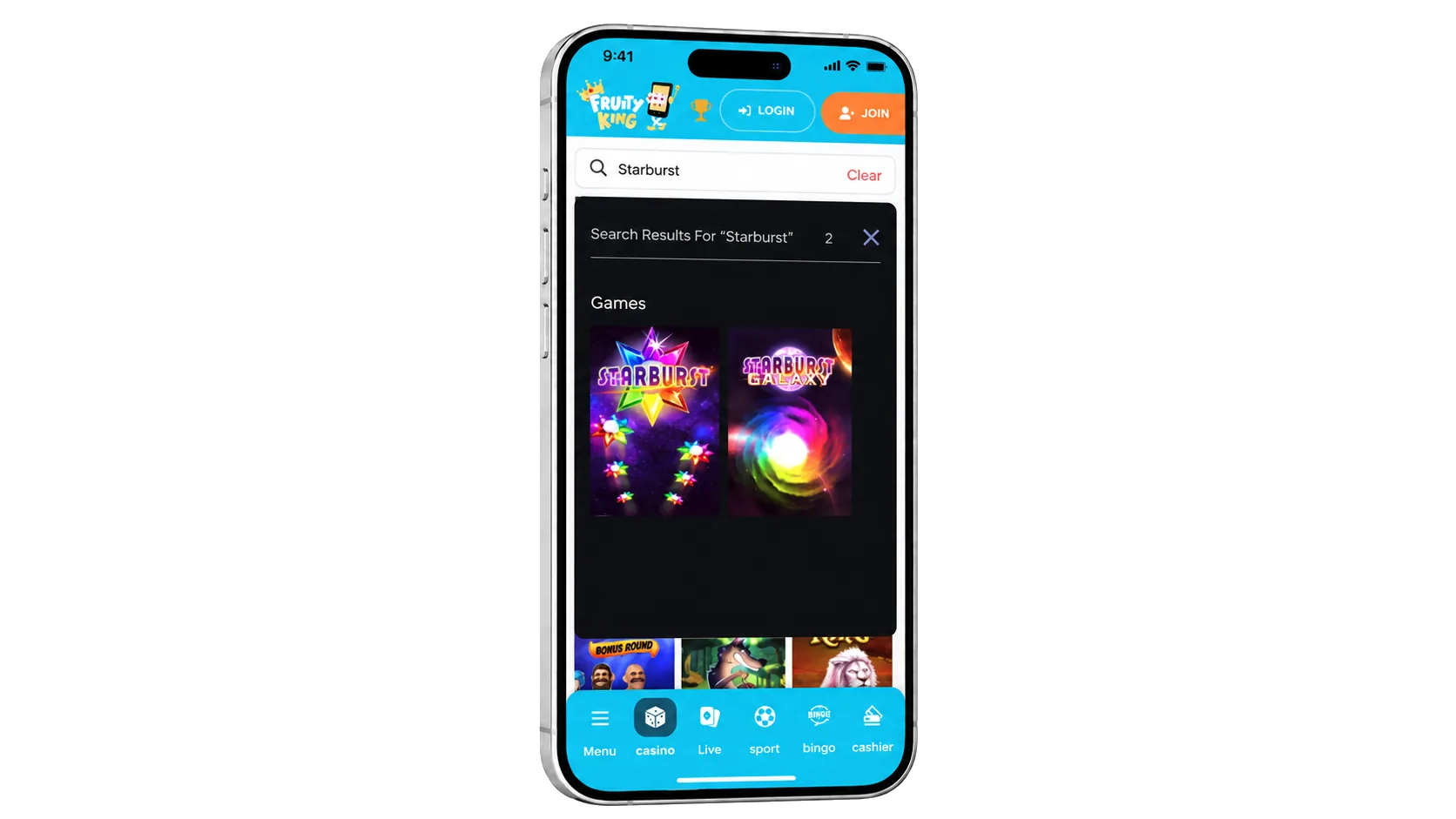 Fruity King Casino mobile search showing Starburst and Starburst Galaxy