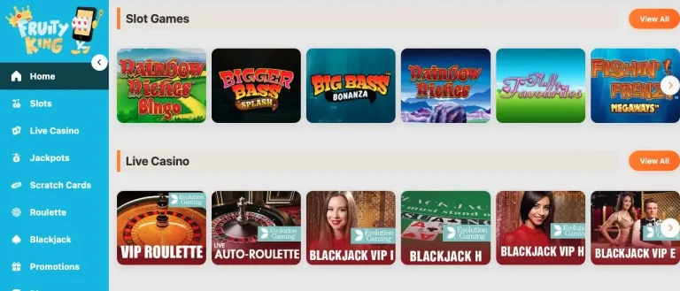 Fruity King Casino UK lobby with slot games, live tables and the category menu