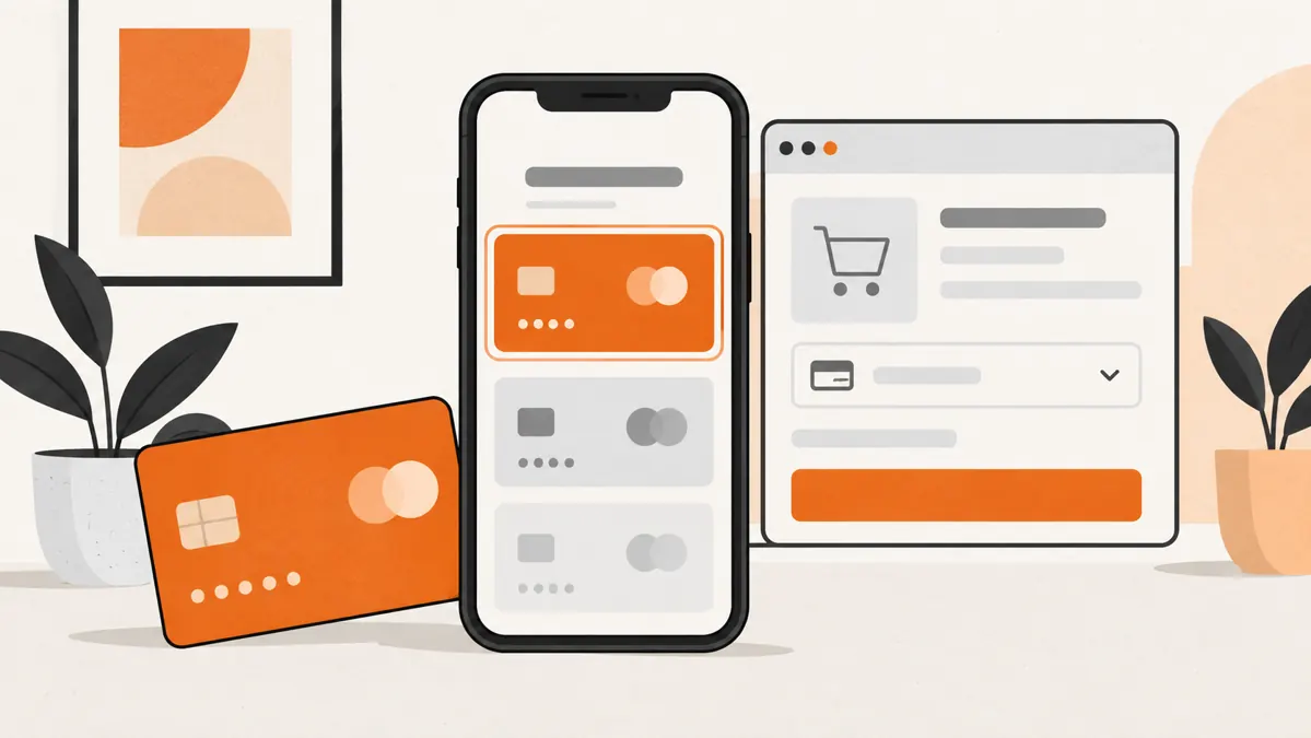 Illustration of a saved debit card on a smartphone beside an online checkout