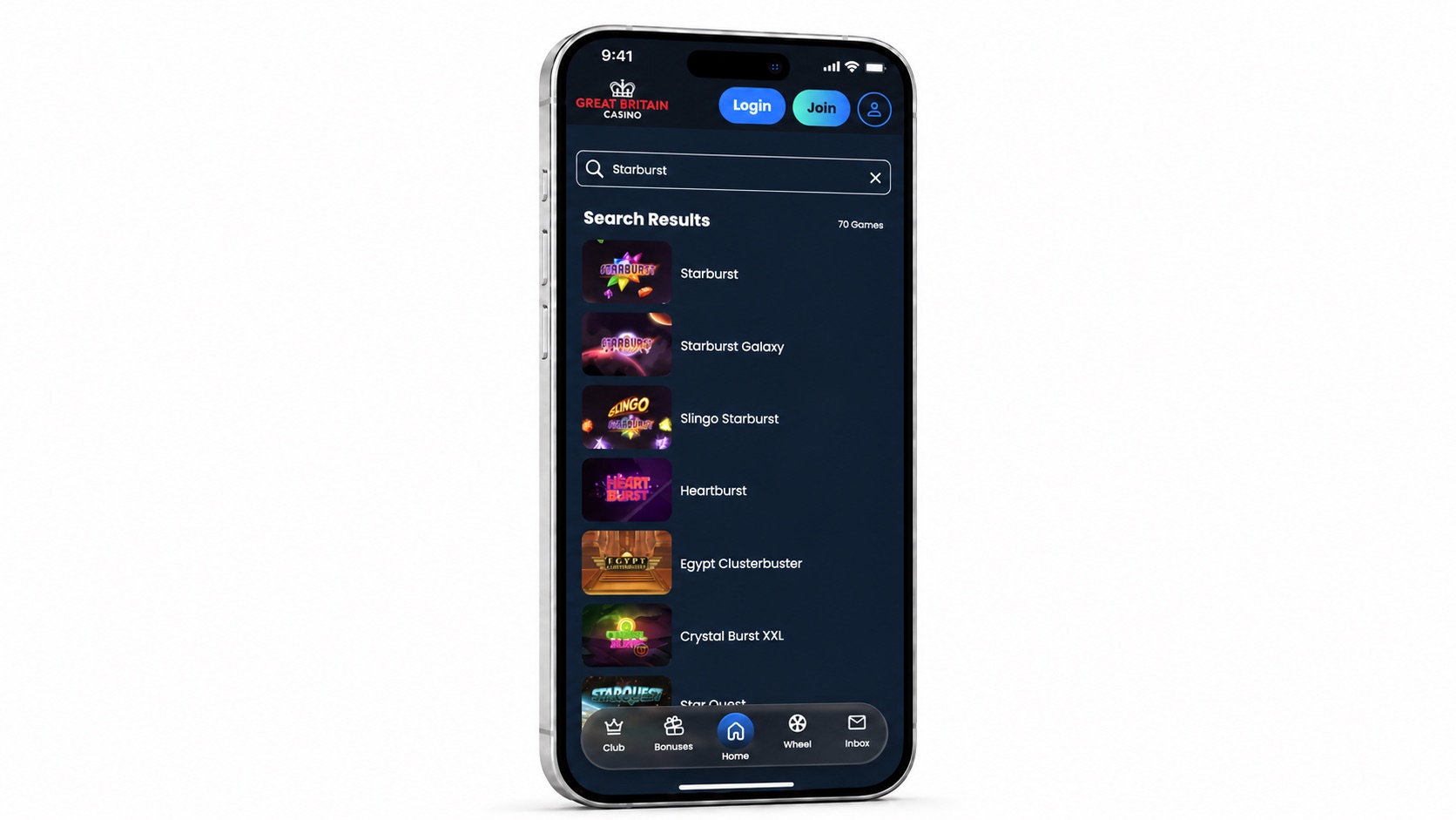 Great Britain Casino mobile search displayed in an iPhone mockup
