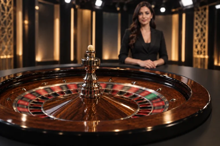 Roulette wheel and dealer in a live casino studio