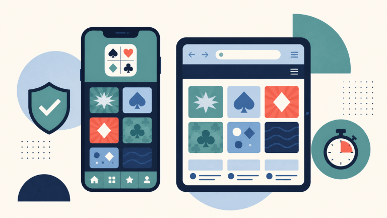 Illustration comparing mobile casino access on a smartphone and tablet with safety and time-limit symbols