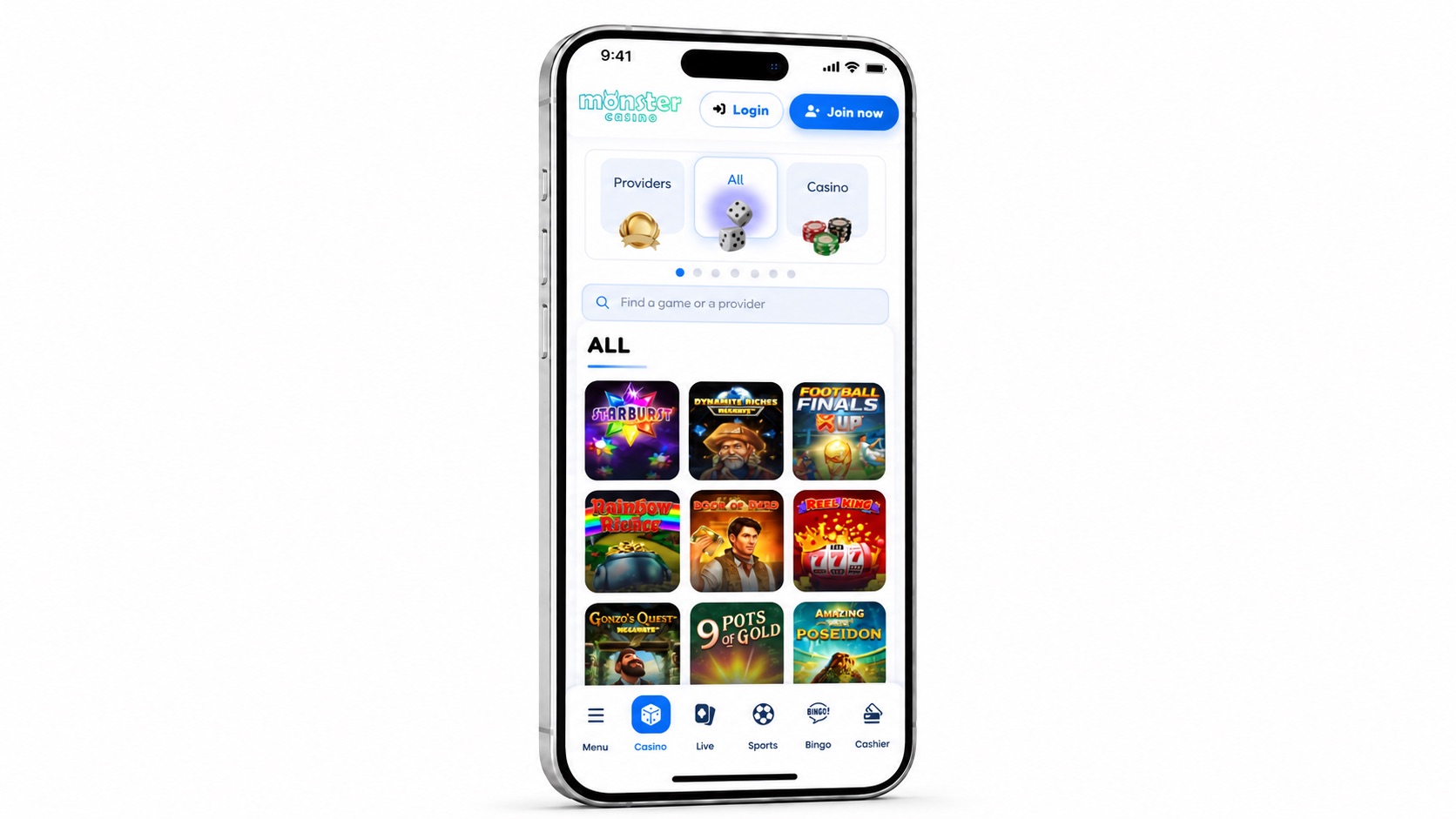 Monster Casino mobile lobby with game categories and slot tiles