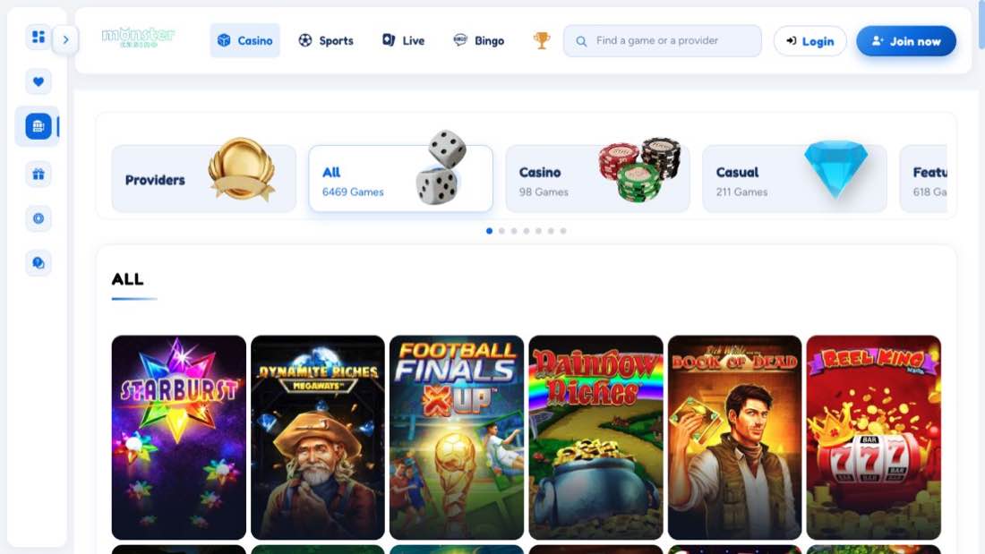 Monster Casino UK lobby with game categories, search and slot titles
