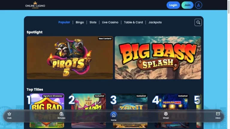 Online Casino London desktop lobby with slot categories and featured games