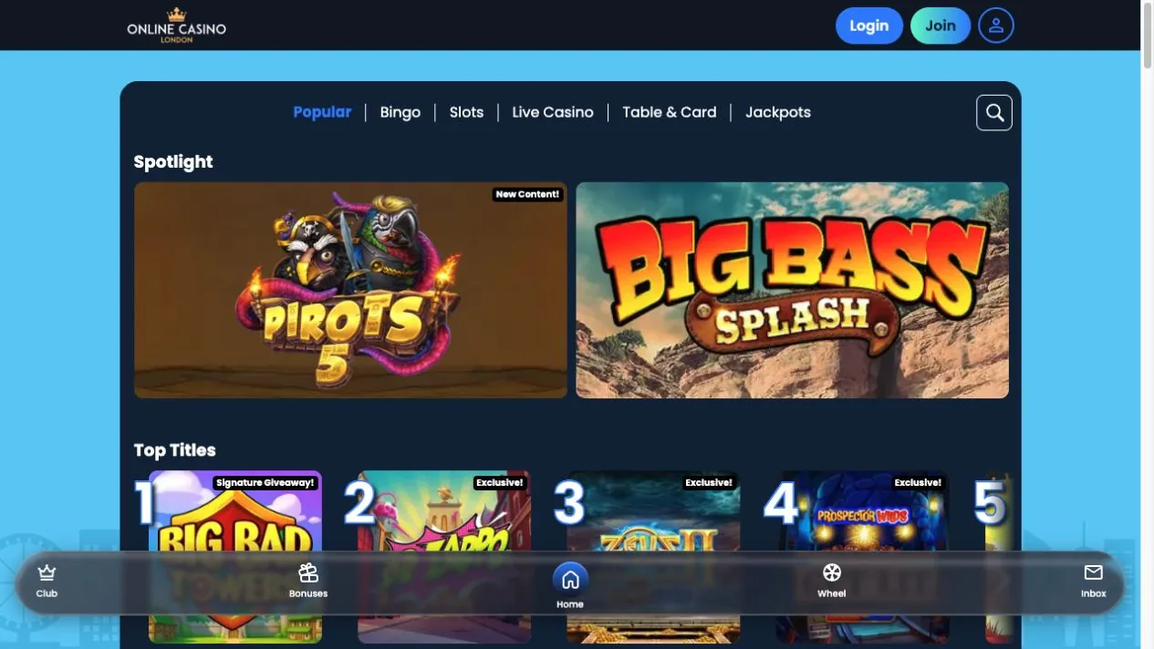 Online Casino London desktop lobby with slot categories and featured games