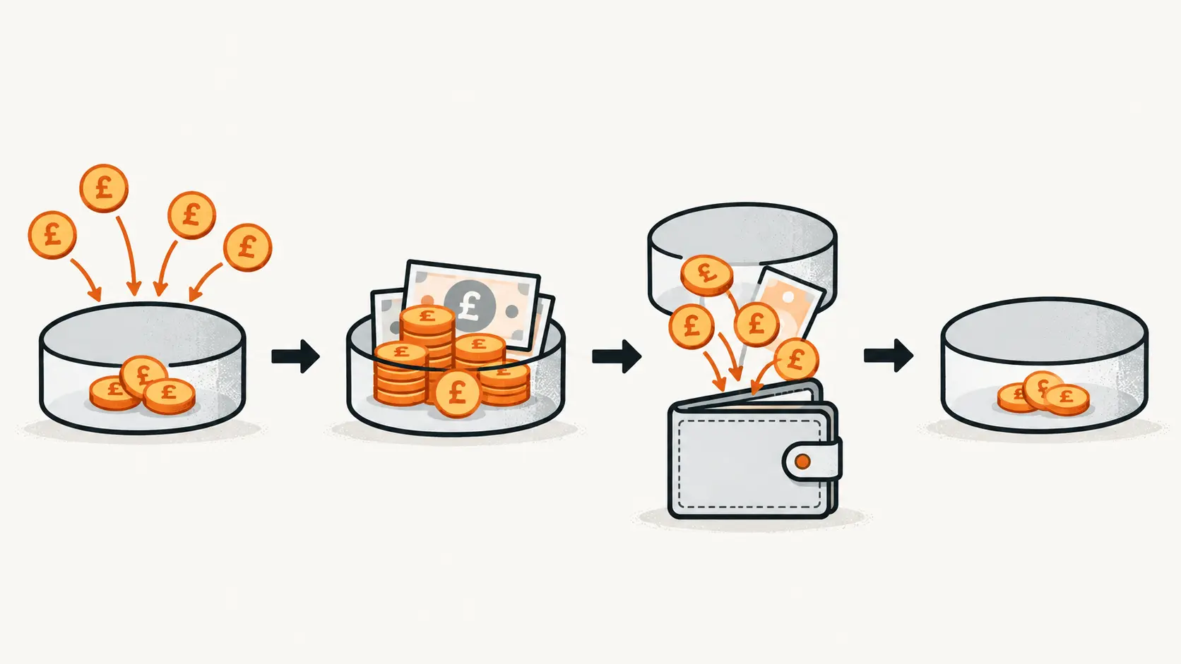 Four stages showing contributions to a progressive jackpot, growth of the prize pool, payout and reset to a seed amount.