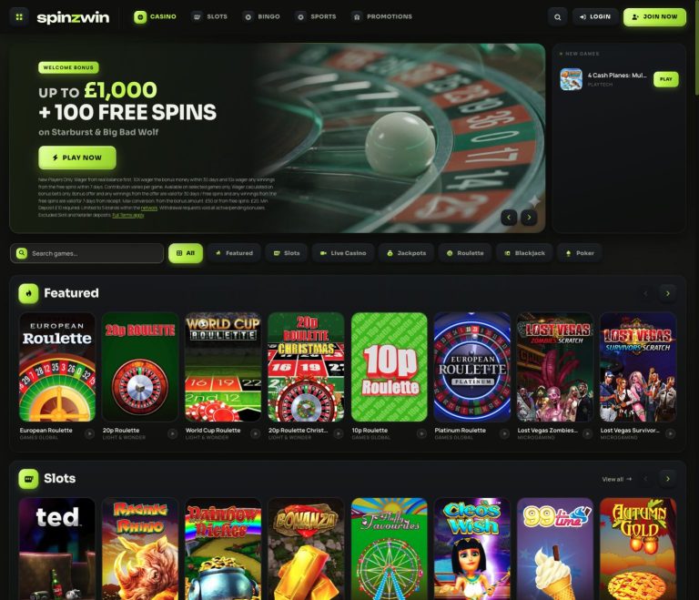 Spinzwin desktop homepage with game categories and casino lobby