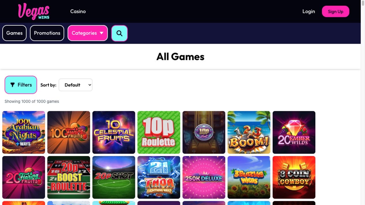 Vegas Wins Casino desktop lobby showing All Games, search and filter controls