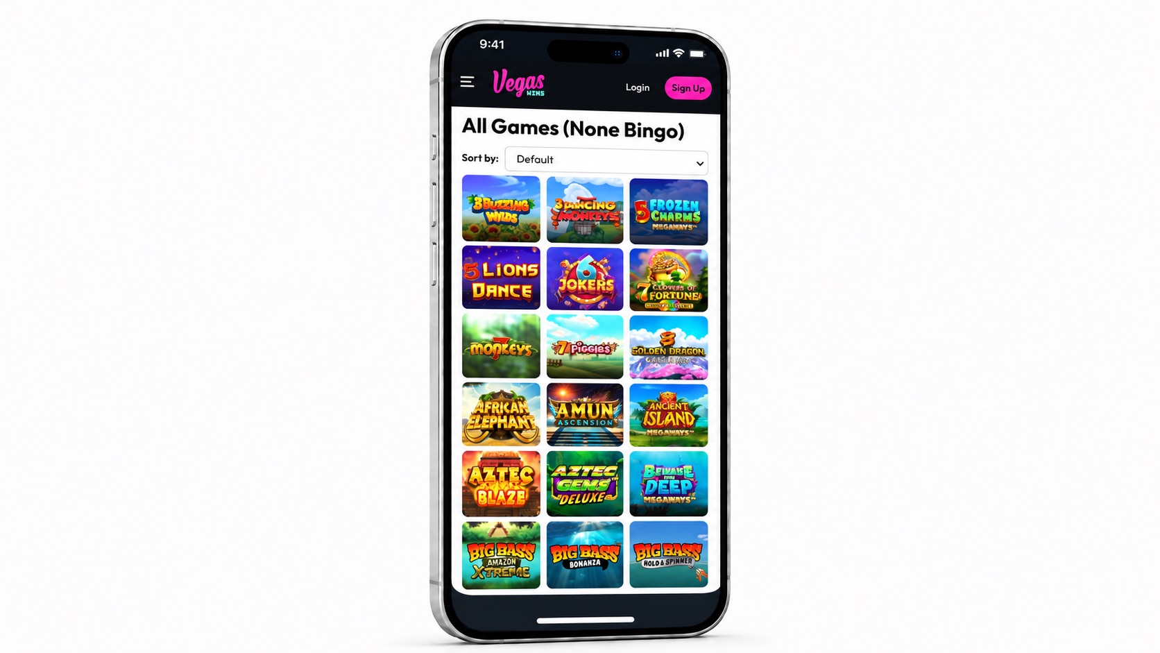 Vegas Wins Casino mobile lobby with three columns of slot games